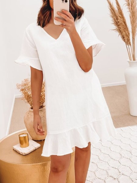 

Casual Short Sleeve V Neck Plus Size Dress, White, Mini Dresses