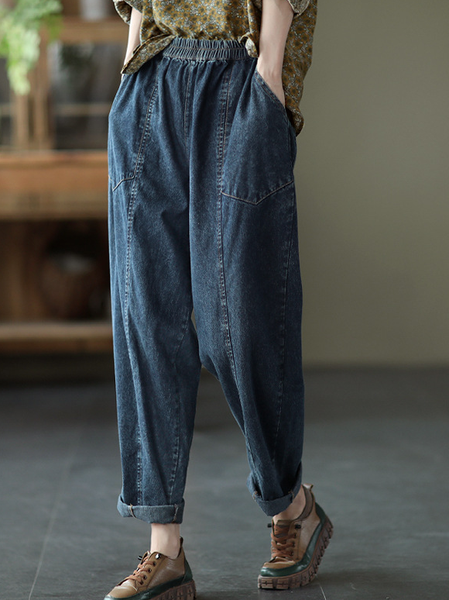 

Casual Loosen Denim Plain Pants, Deep blue, Pants
