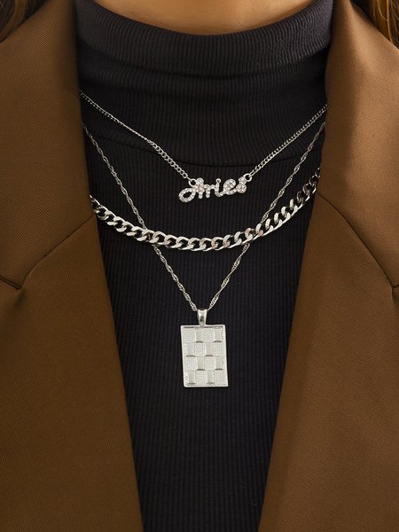 

Hip Hop Checkerboard Metal Necklace, Silver, Necklaces
