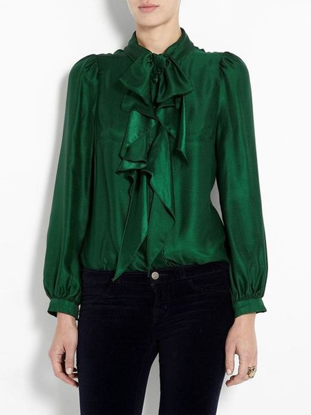 

Long Sleeve Regular Fit Solid Lady Tie Neck Top, Green, Blouses and Shirts