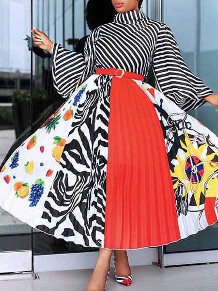 

Date Holiday Daily Stand Collar Dresses With Belt, As picture, Maxi Dresses