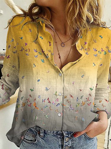 

Butterfly Printed Shirt Collar Loosen Long Sleeve Shirts & Tops, Yellow, Tops