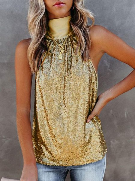 

Casual Sequins Sleeveless Plain Shirts & Tops, Golden, Tops