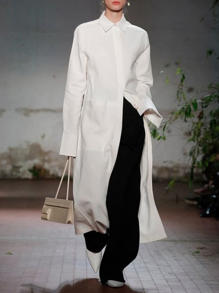 Simple Pockets Work Formal Solid Dress, White, Midi Dresses