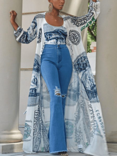 

Spring Tribal Loosen V Neck Lightweight Daily Household Outerwear, White, Kimonos