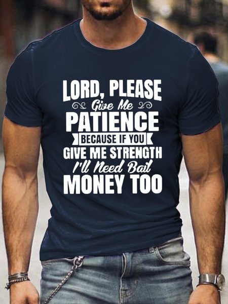 Funny text print round neck short-sleeved T-shirt, Purplish blue, T-shirts