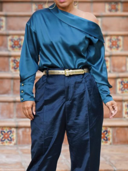 

Spring Asymmetrical Neck Regular Fit Elegant Work Formal Date Blouse, Lake blue, Blouses and Shirts