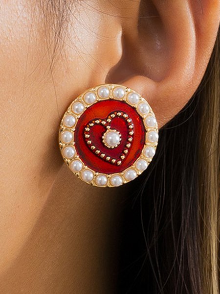 Heart-shaped Inlaid Pearl Stud Earrings, Red, Earrings