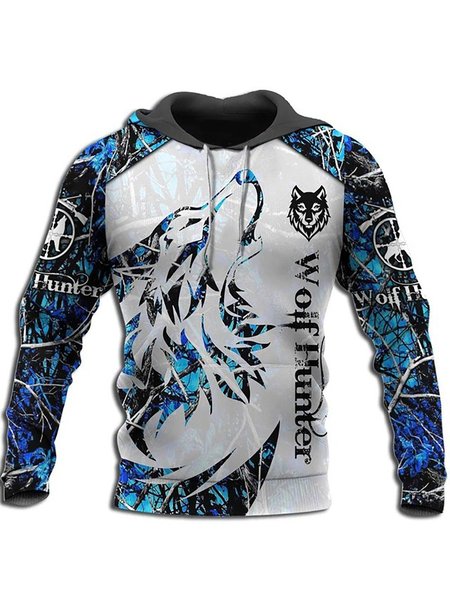 

3D Cool Animal Graphic Long Sleeve Casual Hoodie, Blue, Hoodies