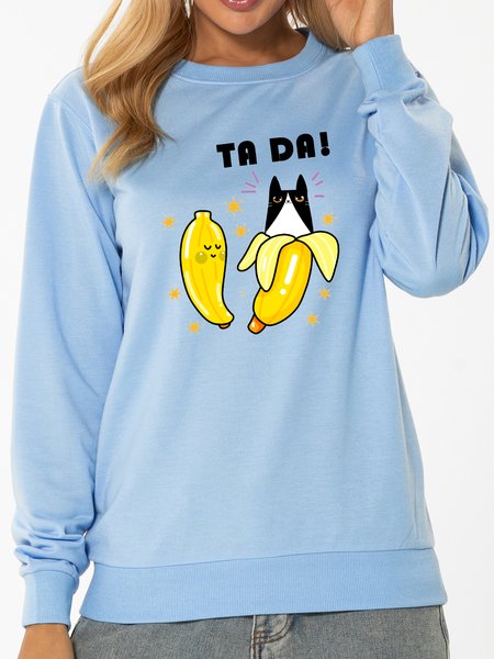 

MUMU Funny Cat Banana TA DA Casual Sweatshirt, Light blue, Sweatshirts
