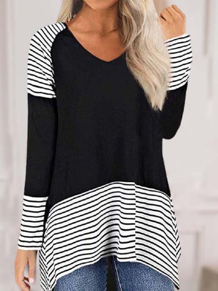 

Long Sleeve V Neck Striped Casual Shirts & Tops, Black, T-Shirts