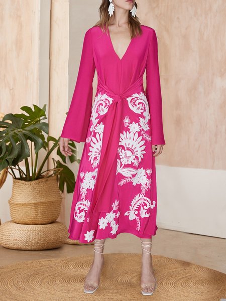 Vibrant pink printed white flower waist tie dress, Floral Dresses