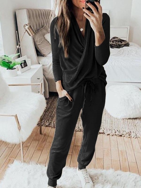 Daily Solid Casual Suits, Black, Two-piece Outfits