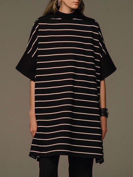 

Striped Crew Neck Casual Mini Dress, Black, Mini Dresses