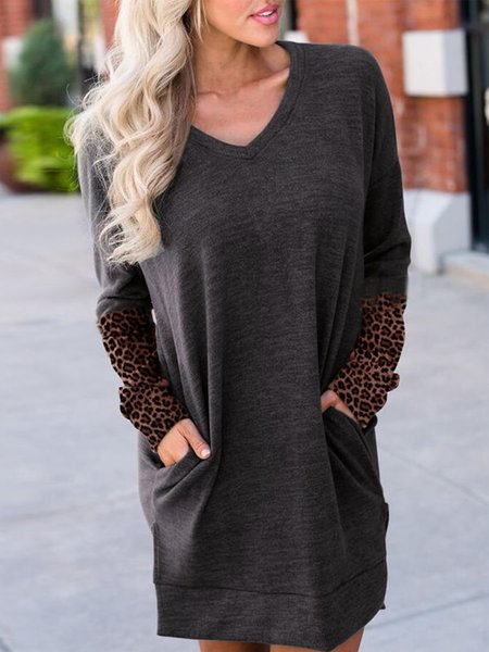 

Casual V Neck Leopard Long sleeve Dresses, Deep gray, Mini Dresses