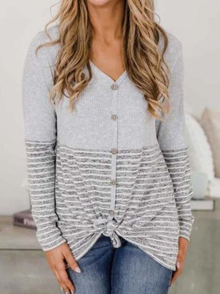 

Cotton Blends V Neck Striped Shirts & Tops, Gray, T-Shirts