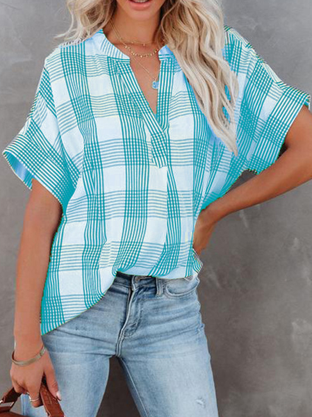 

Allentare Casuale Top a quadri a maniche corte camicia europeo e americano stampa Scollo a V Sciolto Casuale superiore Donna capi di abbigliamento, Blu, Blouses & Shirts