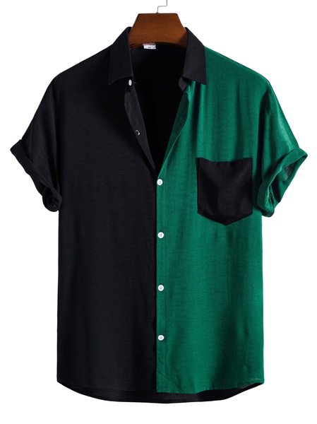 

Mens Patchwork Lapel Button Up Cotton Basics Short Sleeve Shirts, Green, Men's Floral shirt