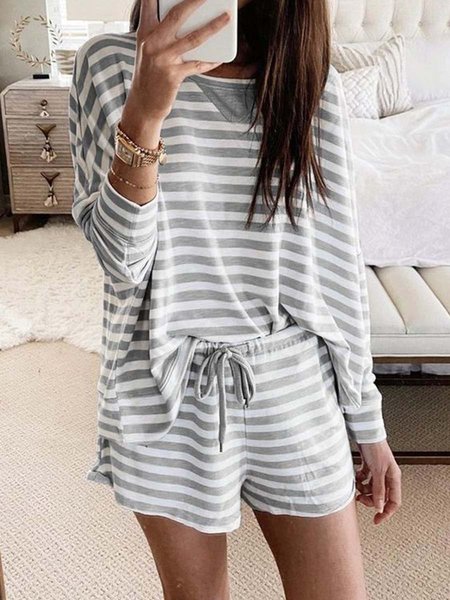 

Cotton Blends Striped Loosen Suits, Gray, Two-piece Outfits