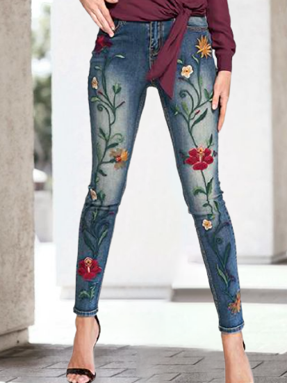 

Dark blue denim leggings with vine flower large pattern washed water Vintage Floral Pants, Pants
