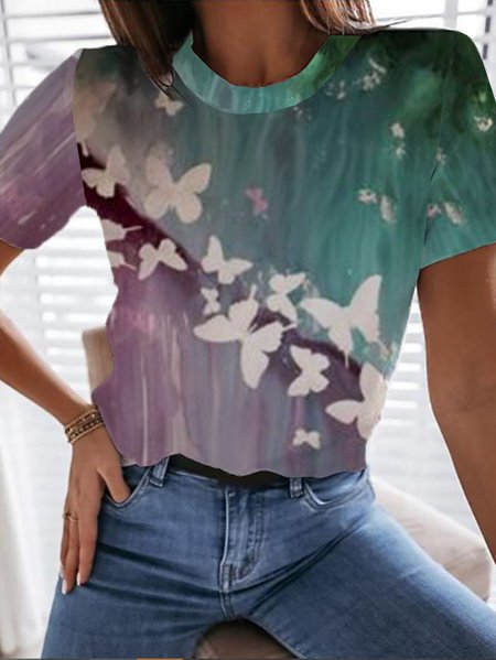 

Butterfly Printed Crew Neck Short Sleeve Shirts & Tops, Multicolor, Tops