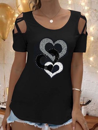 

Geometric,Printed Eyelet Crew Neck Short Sleeve Shirts & Tops, Black, Tees & T-shirts