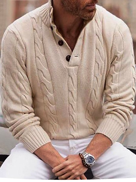 

Men's Solid Color Half Cardigan High Neck Long Sleeve Sweater, Apricot, Sweater