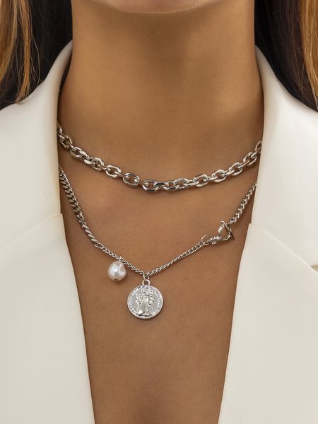 

Hip Hop Metallic Portrait Tag Pearl Necklace, Silver, Necklaces