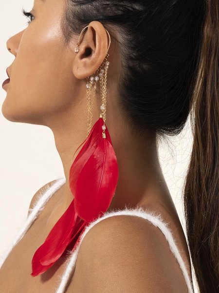 

Boho Sstyle Tassel Feather Earrings, Red, Earrings