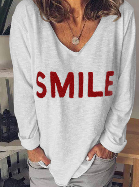 

V-neck letter cotton blend top with embroidery SMILE Graphic T-shirts For Women, Gray-white, T-Shirts