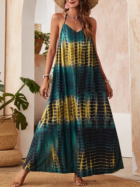 

Strap dress sexy V-neck print dress, Yellow, Boho dresses