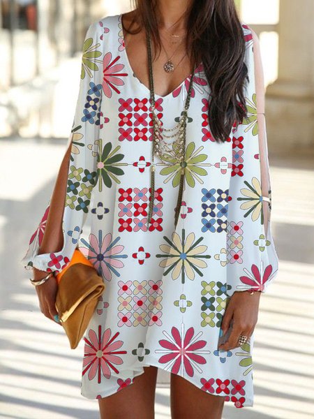 

Boho Ethnic Floral Loosen Tribal Dresses, White, Mini Dresses