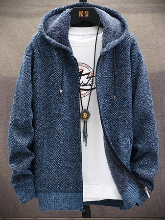 

Simple loose plus fleece hooded knitted jacket, Blue, Jacket