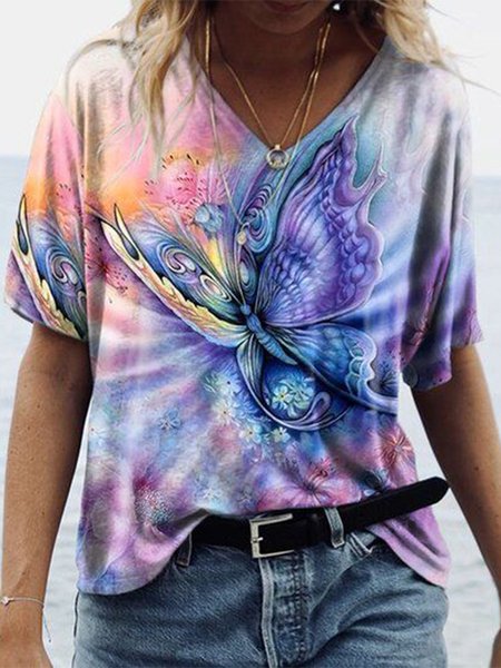 

Vacation Butterfly V Neck Shirts & Tops, Multicolor, Tops