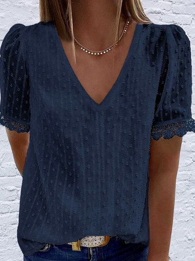 

Plain Cotton Blends Casual Short Sleeve Shirts & Tops, Blue, Tops