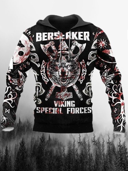 

Men's Viking Mythology Elements Graphic Print Hooded Long Sleeve Sweatshirt, Black, Hoodies