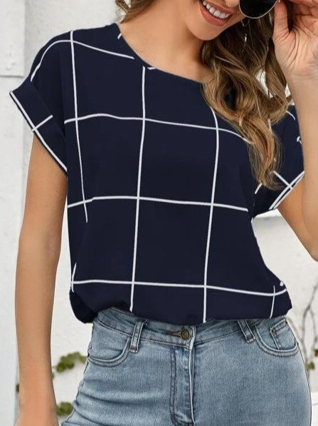 

Grid Casual Crew Neck Tops, Blue, Tops