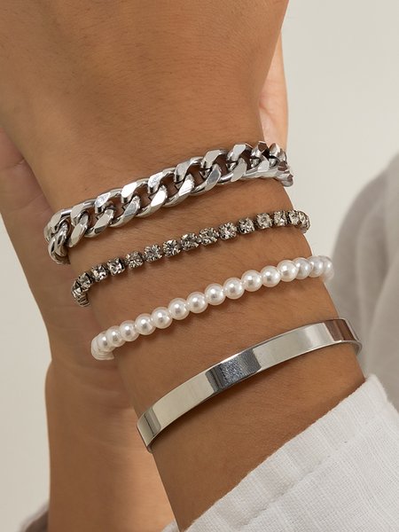 

Diamond And Pearl Layered Bracelet, Silver, Bracelets & Anklets