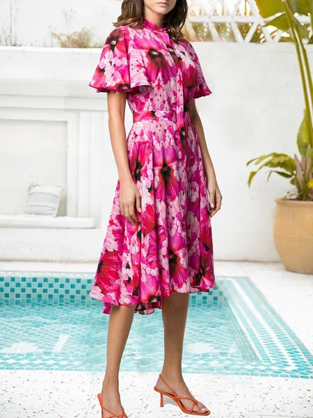 

Vibrant pink floral stand-up collar waist A-line dress, Floral Dresses