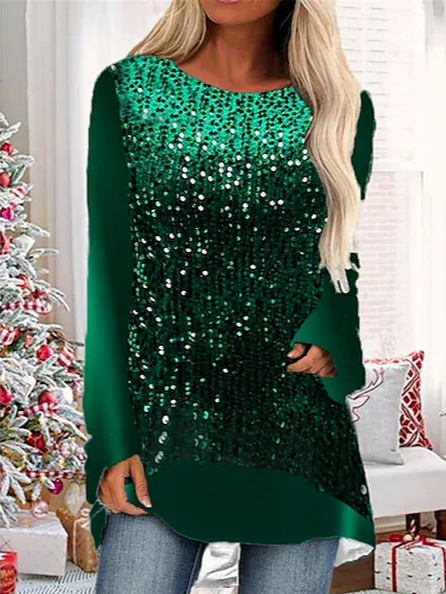 

Crew Neck Casual Loosen Tops, Green, Long sleeve tops