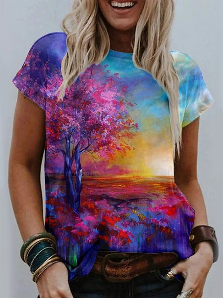 

Landscape Print Ombre Crew Neck Vacation Shirts & Tops, Multicolor, Tops