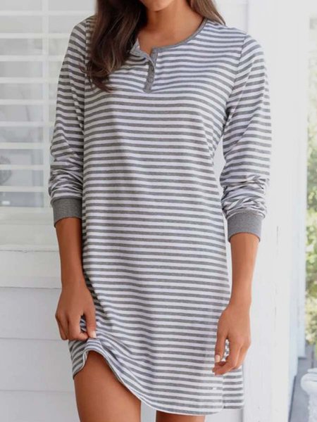 

Cotton Blends Loosen Striped Dresses, Gray, Mini Dresses