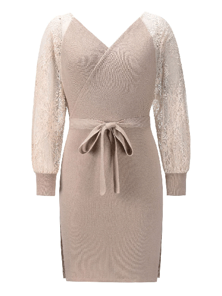 

Sottile dimagrimento Pizzo a maniche lunghe a maglia Allacciato Lana Abito, Albicocca, Midi Dresses