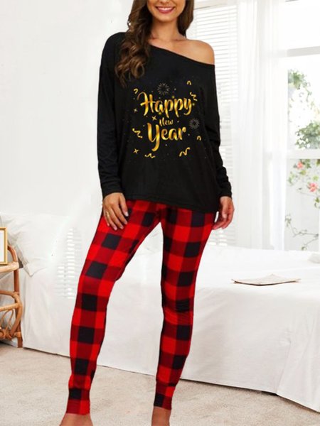 

Casual Checked/Plaid Round Neck Household Suits, Black-red, Two-piece Outfits