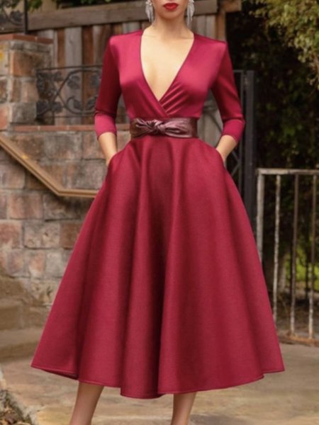 

Elegant V Neck Solid Long Sleeve Dress, Red, Midi Dresses