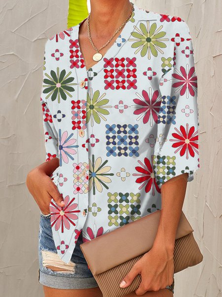 

Floral V Neck Loosen Boho Shirts & Tops, White, Blouses & Shirts