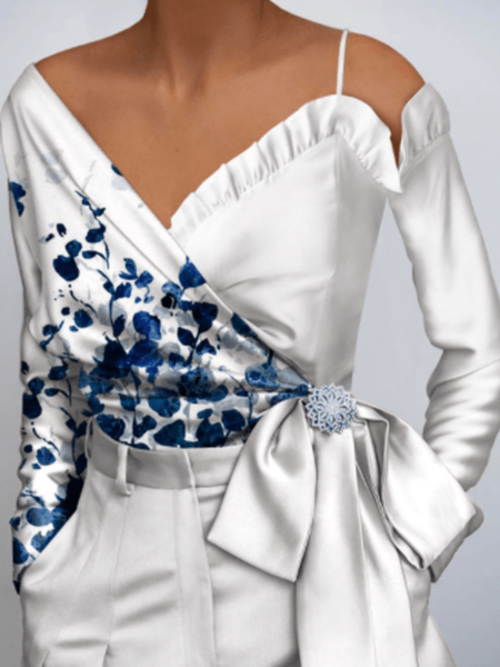 

Spring Long sleeve V Neck Floral Date Daily Lightweight Blouse, White, Blouses and Shirts