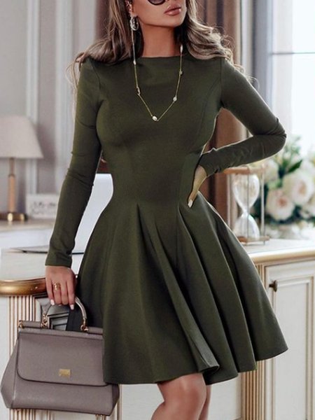 

Lady Solid Crew Neck Long Sleeve Mini Dress, As picture, Mini Dresses