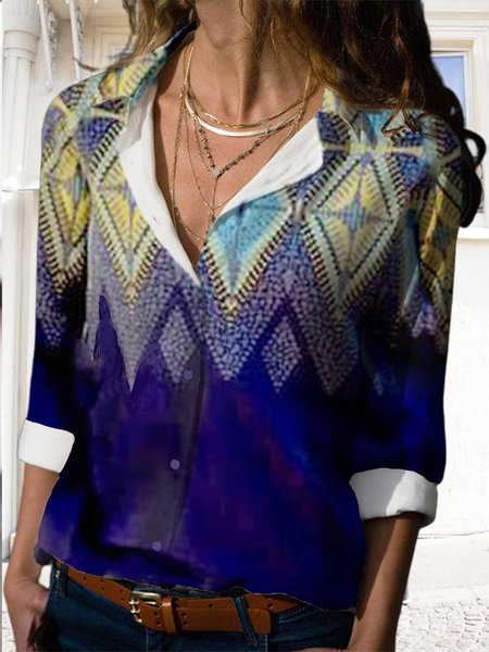 

Plus Size Shirt Collar Tribal Shirts & Tops（accessory not included）, Blue, Shirts & Blouses