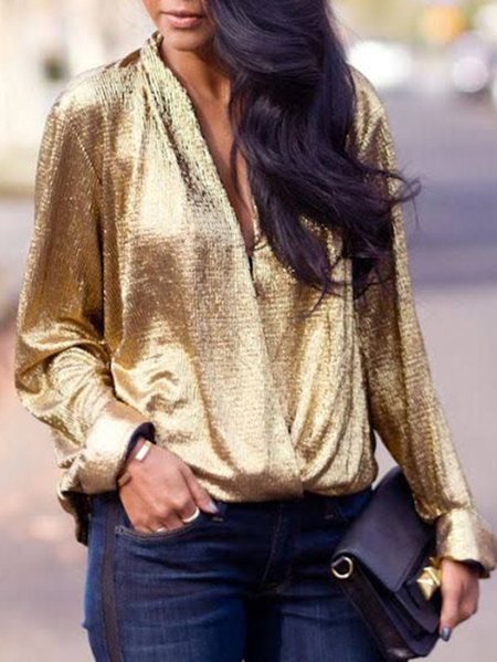 

Casual Long Sleeve Plus Size V Neck Shirts & Tops, Golden, Blouses & Shirts